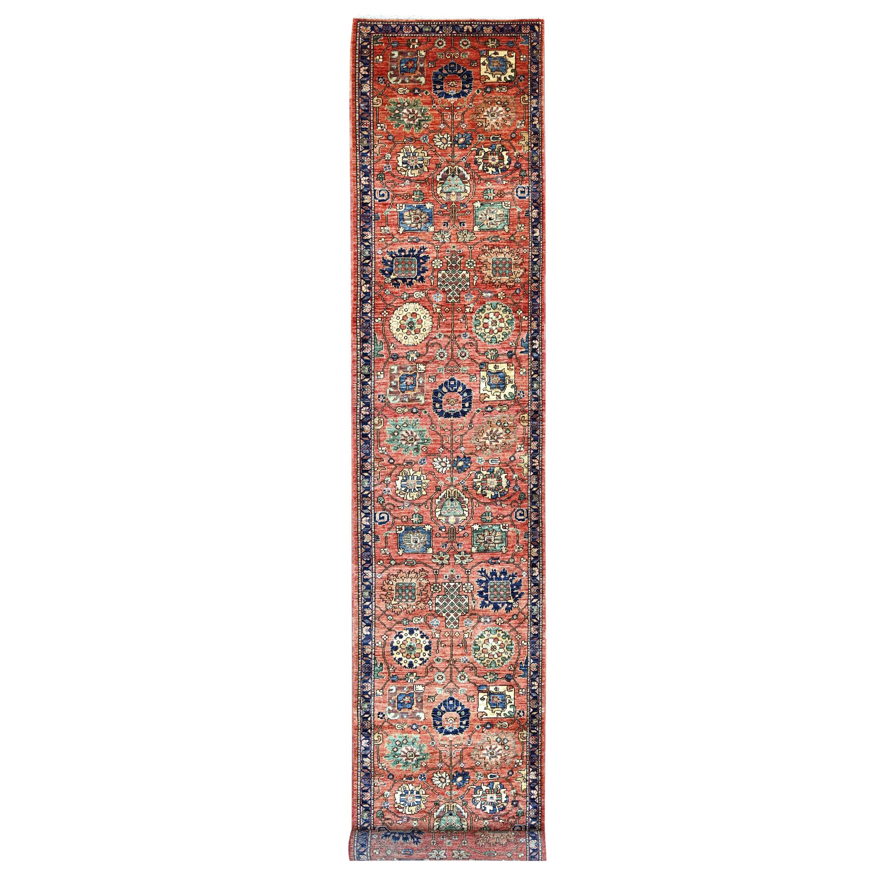 2'10"x18'2" Coral Red, Northwest Persian All Over Design, Aryana Grade, Vegetable Dyes, Soft Pile, High Mountain Wool, Hand Knotted, Densely Woven, XL Runner, Oriental Rug 
